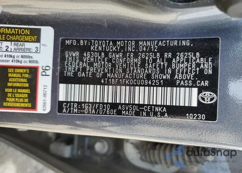 2012 Toyota Camry Base z USA, uszkodzony, nr VIN 4T1BF1FK0CU094251